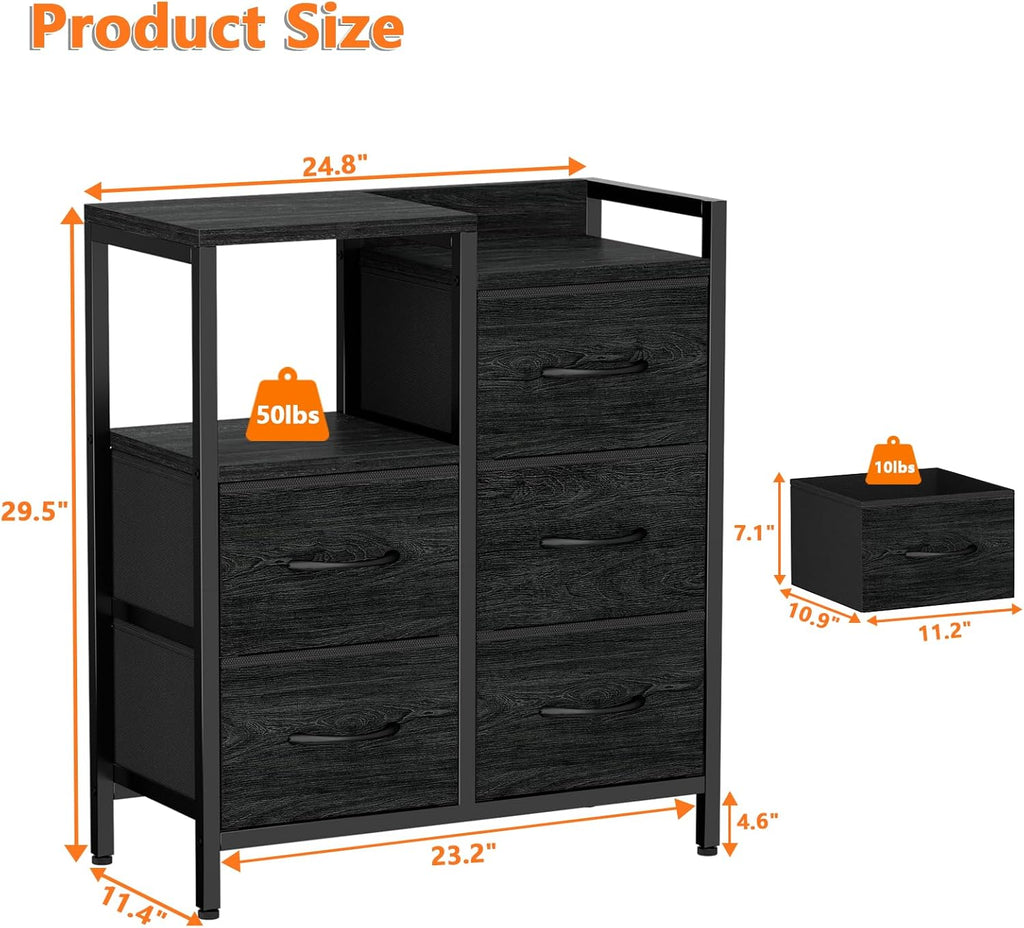 Surplus 1350 Units Black Wood Grain Fabric Drawer Storage Dresser, Metal Frame Chest of Drawers Bedroom Organizer Wholesale Clearance