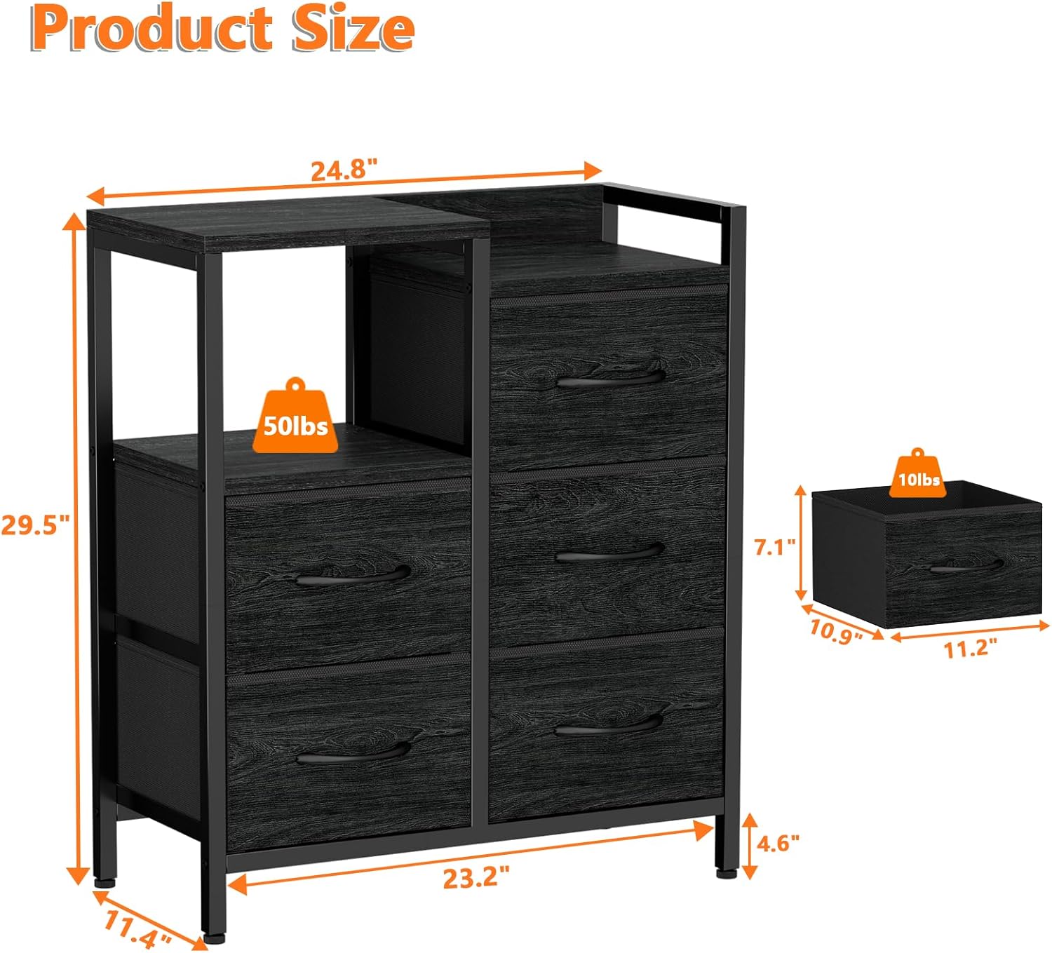 Surplus 1350 Units Black Wood Grain Fabric Drawer Storage Dresser, Metal Frame Chest of Drawers Bedroom Organizer Wholesale Clearance