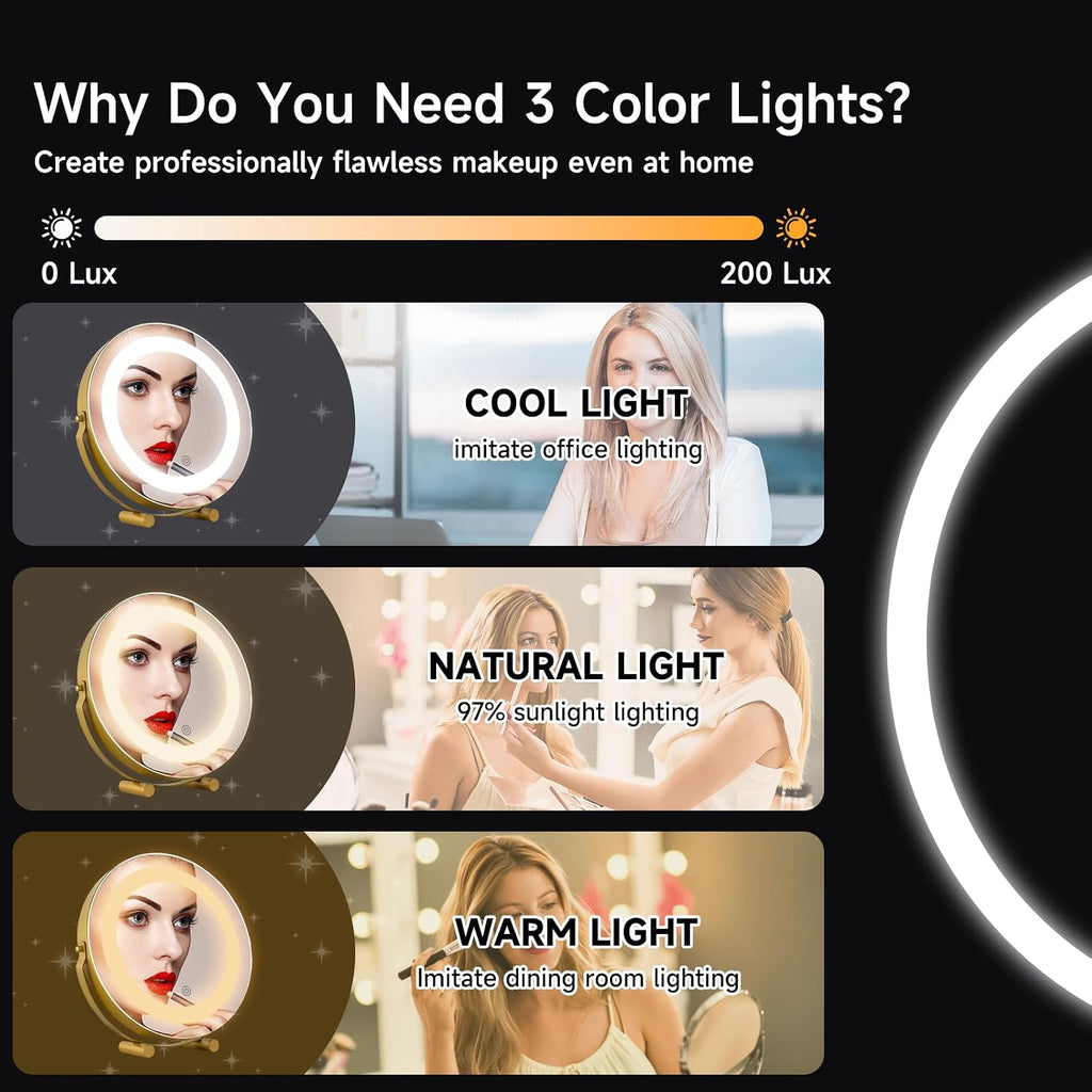 Modern LED Vanity Mirror with Touch Control, Round Gold Metal Frame, Makeup Mirror with Stand for Bathroom, Bedroom, Dressing Table