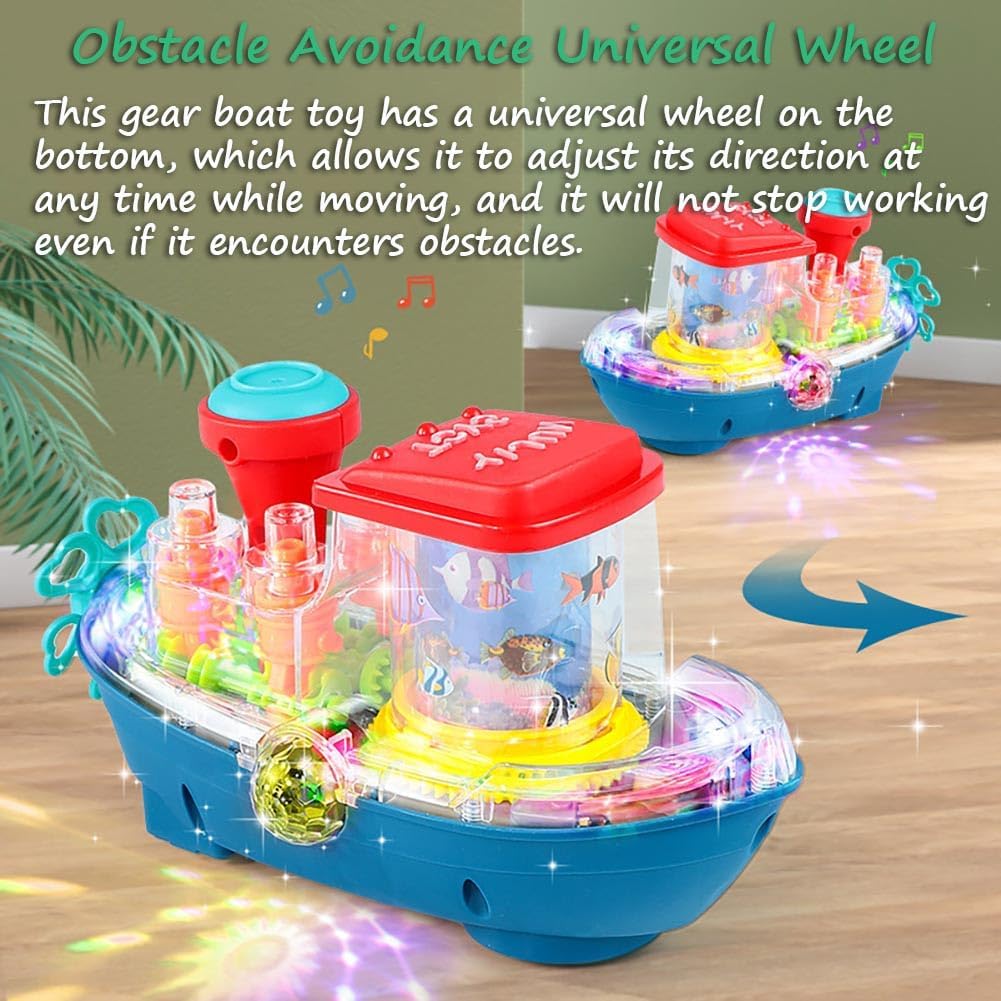 Electric Transparent Gear Boat Toy Clearance, Universal Walking Ship with Flashing Lights & Music, Ocean Sea Animal Mechanical Toy for Toddlers