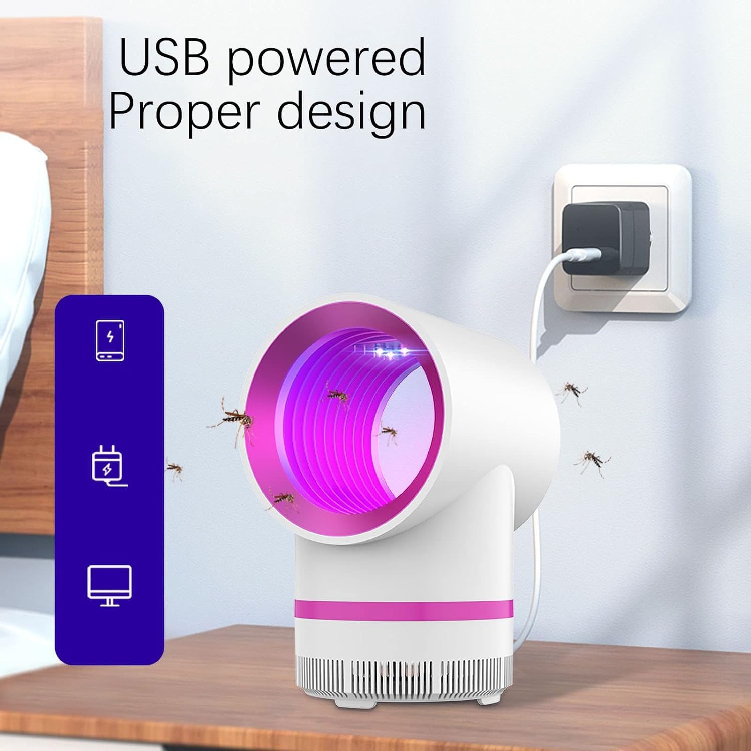 USB Photocatalytic Mosquito Killer Lamp, 3D Bionic 360° Trapping Insect Trap, Odorless Non-Toxic Mosquito Zapper for Bedroom Living Room Kitchen, White