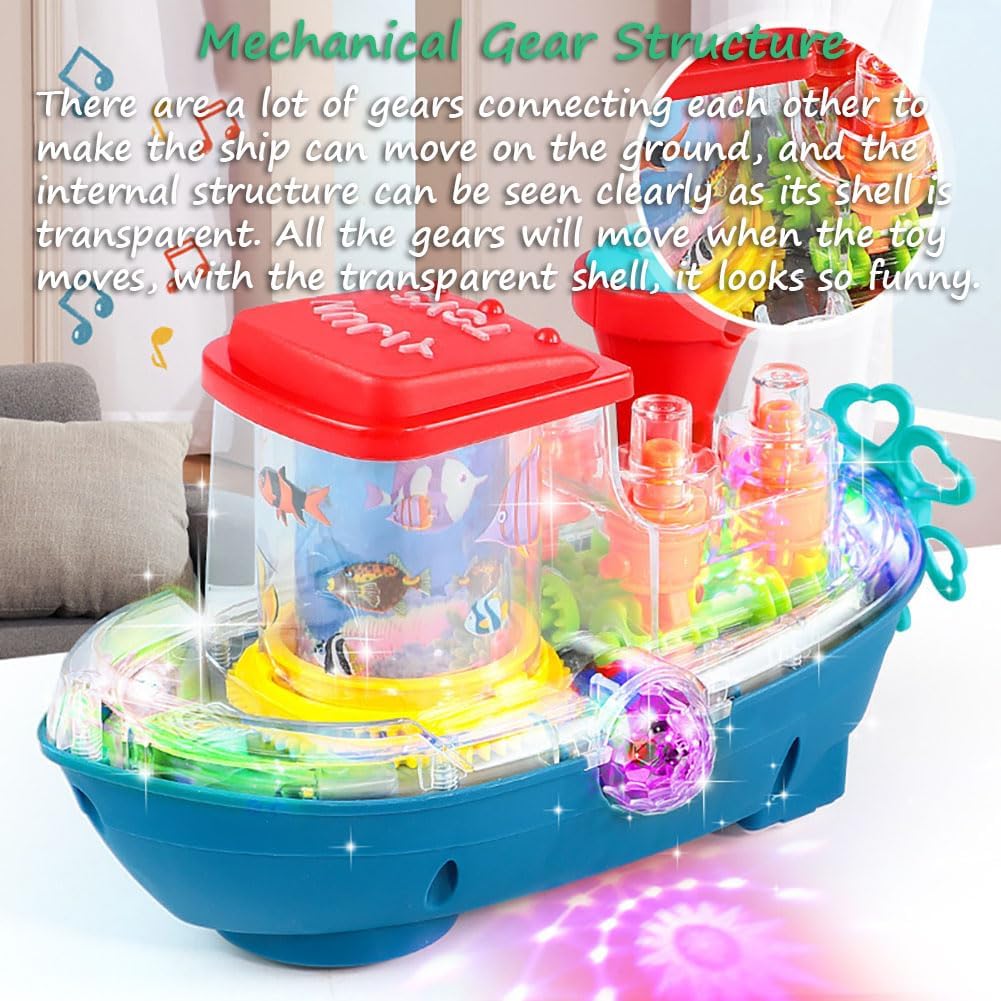 Electric Transparent Gear Boat Toy Clearance, Universal Walking Ship with Flashing Lights & Music, Ocean Sea Animal Mechanical Toy for Toddlers