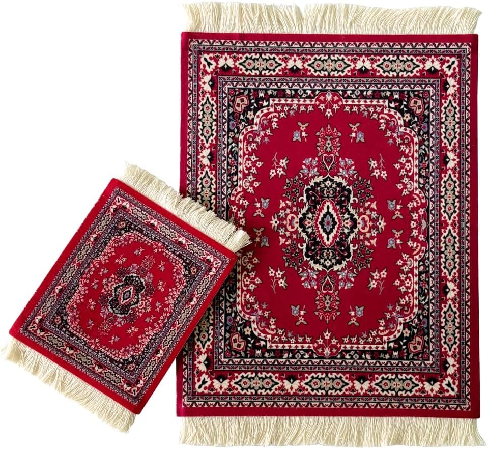 Persian Rug Mouse Pad & Coaster Set Clearance – Vintage Oriental Flower Design, Bohemian Carpet Mousepad for Office & Home, Mini Desk Accessories for Laptop & PC
