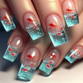 3D Goldfish Aquarium Press On Nails Clearance, Gradient Blue Water Bubble Handmade Fake Nails, Cute Koi Fish Coffin False Nail Set for Summer Manicure