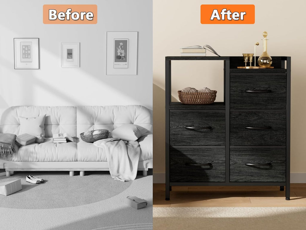 Surplus 1350 Units Black Wood Grain Fabric Drawer Storage Dresser, Metal Frame Chest of Drawers Bedroom Organizer Wholesale Clearance
