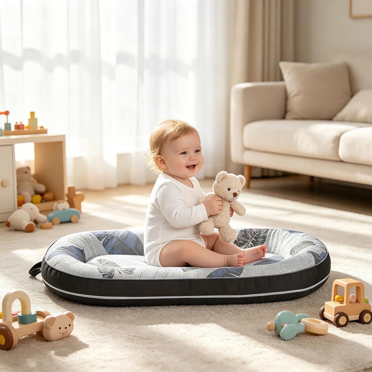 Surplus 118 Units Leaf Print Portable Baby Nest Lounger With Alphabet Sensory Cloth Book Foldable Newborn Sleep Pod Wholesale Clearance