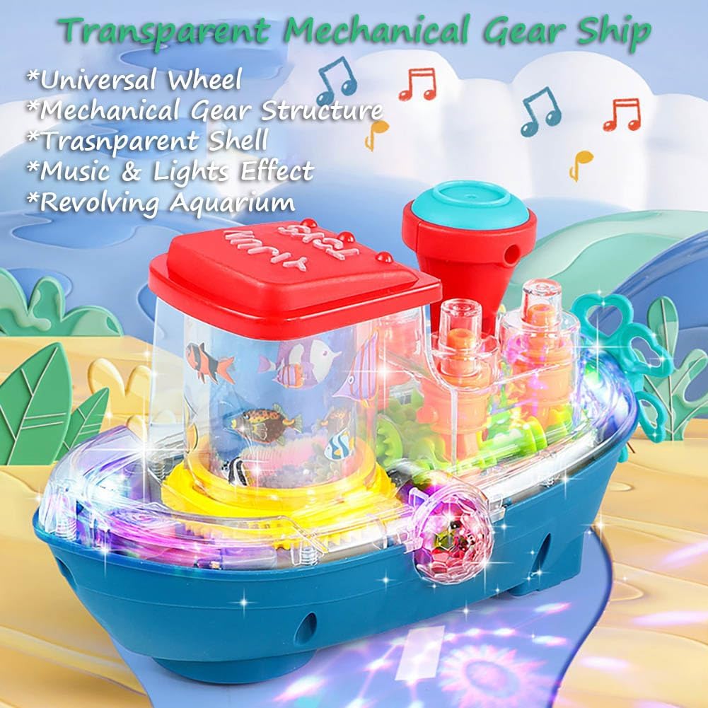 Electric Transparent Gear Boat Toy Clearance, Universal Walking Ship with Flashing Lights & Music, Ocean Sea Animal Mechanical Toy for Toddlers