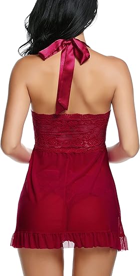 Multi Color & Size Mixed Surplus 962 Sets Halter Lace Mesh Babydoll Sleep Set, Ruffle Split Front Women Lingerie Wholesale Clearance