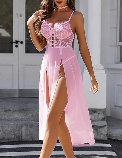 Random Color & Size Surplus Liquidation Batch 838 Pieces High Split Chiffon Maxi Night Dress, Lace Waist Romantic Intimate Loungewear