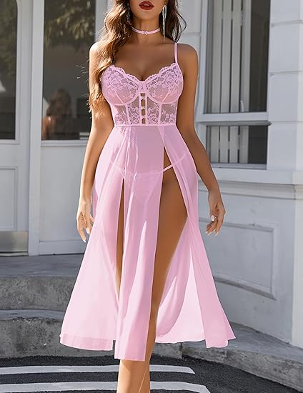 Random Color & Size Surplus Liquidation Batch 838 Pieces High Split Chiffon Maxi Night Dress, Lace Waist Romantic Intimate Loungewear