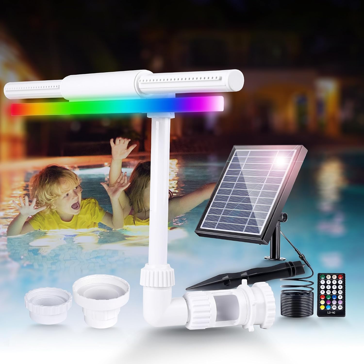 Solar RGB Pool Fountain for Above Ground & Inground Pools – Dual Spray Waterfall & 360° Adjustable Pool Sprinkler Fountain with 22 Color Modes,4H/6H Timer – Perfect for Backyard Fun & Spa Relaxation