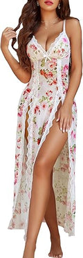 Random Color & Size Mixed Discount Batch 5747 Sheer Mesh Floral Maxi Gown, Adjustable Thin Strap Lace Trim Lounge Nightwear Surplus
