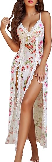 Random Color & Size Mixed Discount Batch 5747 Sheer Mesh Floral Maxi Gown, Adjustable Thin Strap Lace Trim Lounge Nightwear Surplus