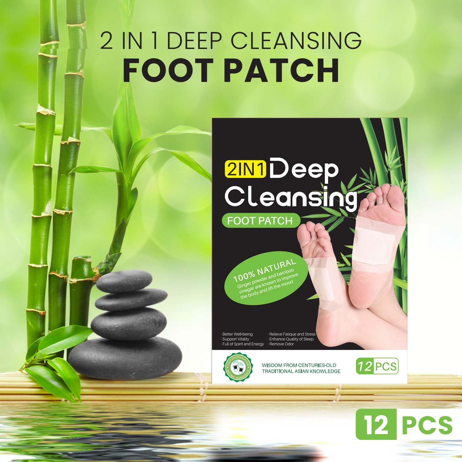 2 In 1 Natural Ginger Bamboo Foot Patches Clearance, Deep Cleansing Detox Foot Pads, 12PCS Sleep Foot Patch for Body Toxin Relief & Stress Release