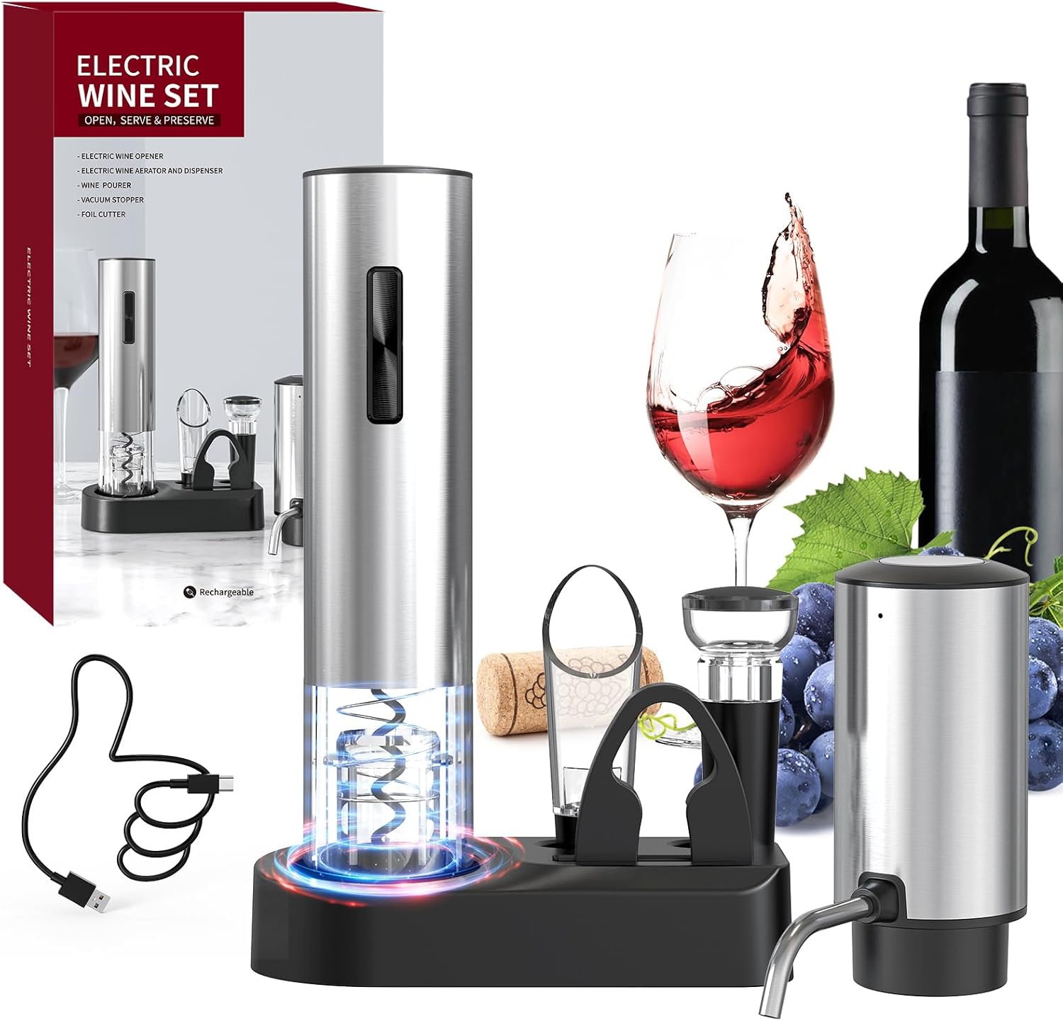 Complete Electric Wine Serving & Preservation Kit With Charging Base Clearance, 863 Wholesale Bar Accessory Set
