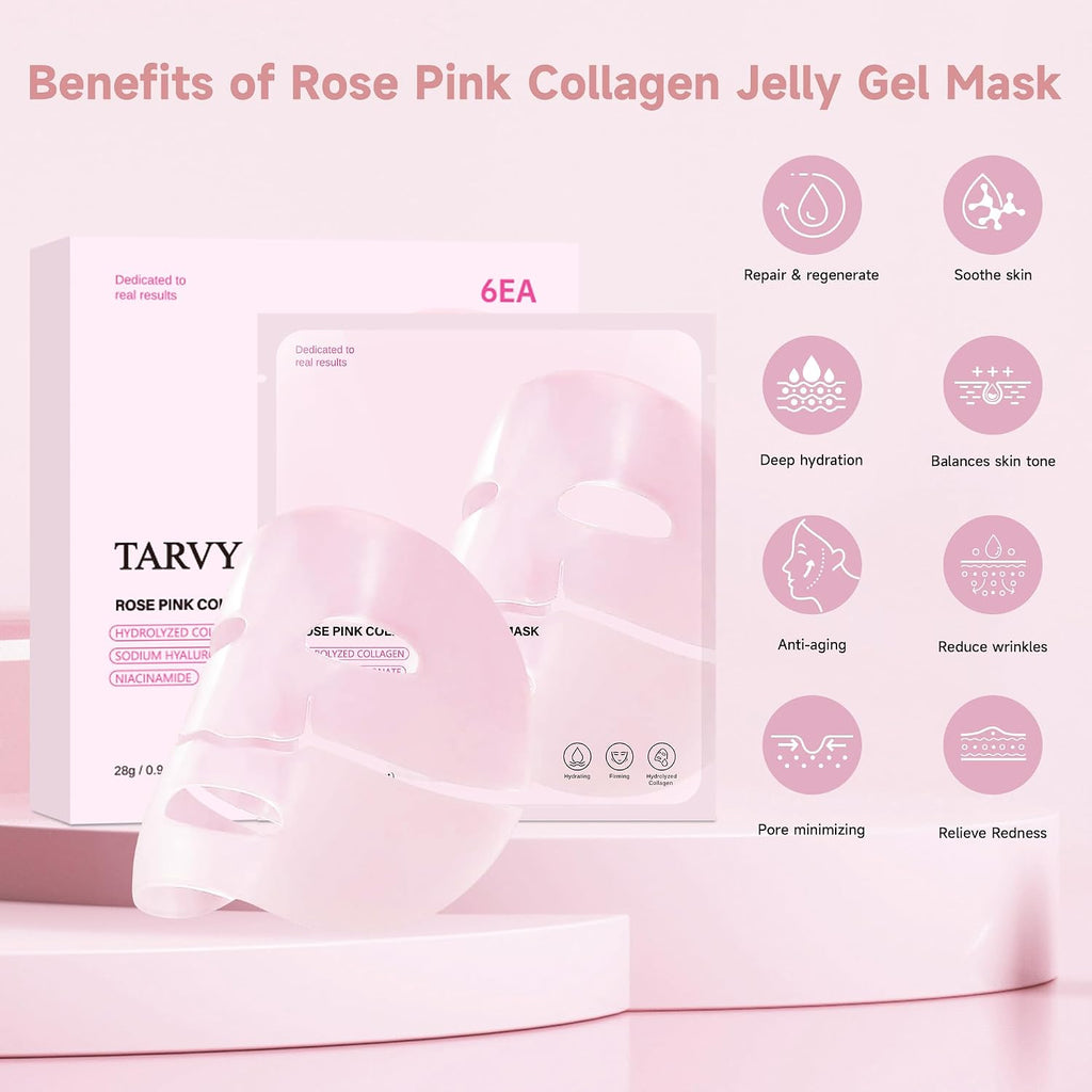 2080Pcs Clearance TARVY Rose Pink Collagen Jelly Gel Mask, 6pcs Firming Hydrating Hydrogel Facial Mask, Anti-Aging Deep Moisture Peel-off Gel Face Mask