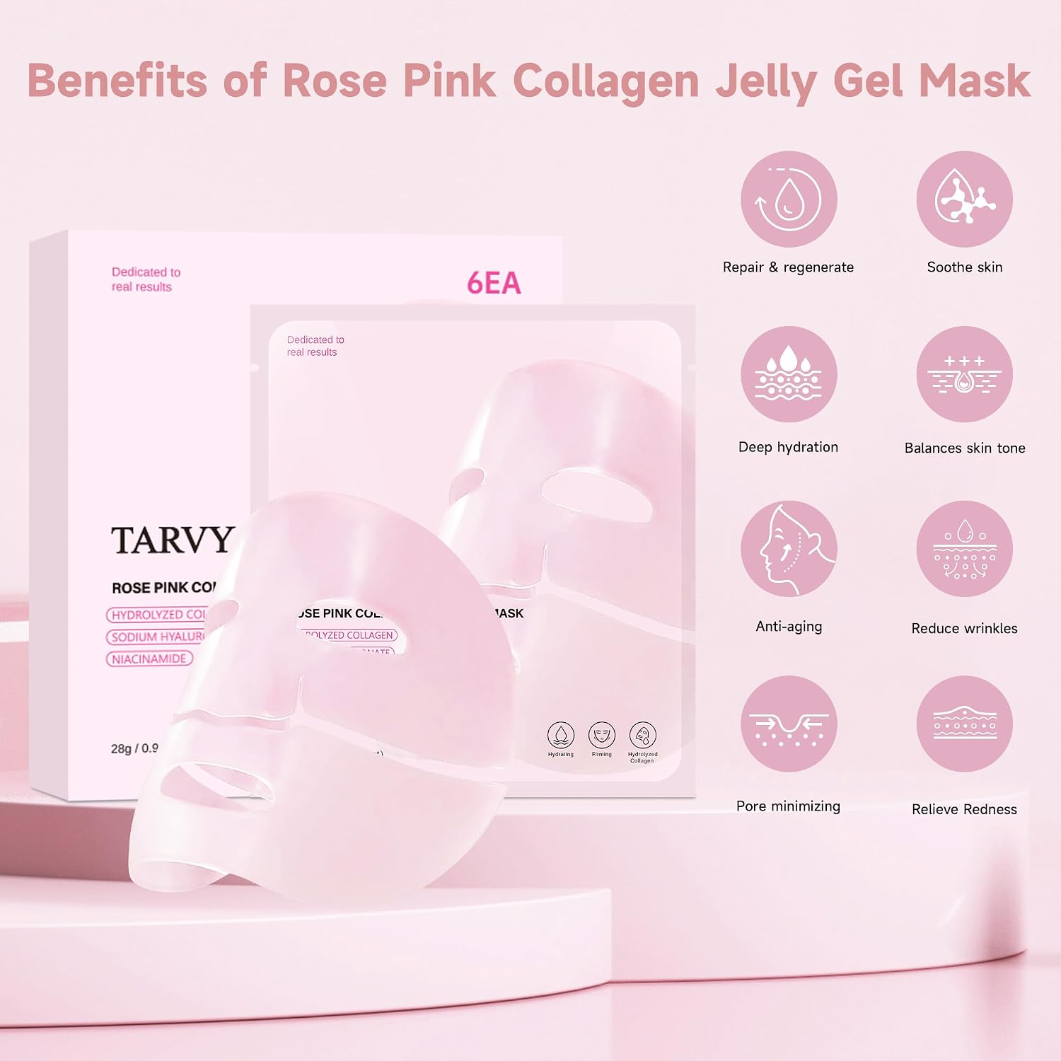 2080Pcs Clearance TARVY Rose Pink Collagen Jelly Gel Mask, 6pcs Firming Hydrating Hydrogel Facial Mask, Anti-Aging Deep Moisture Peel-off Gel Face Mask