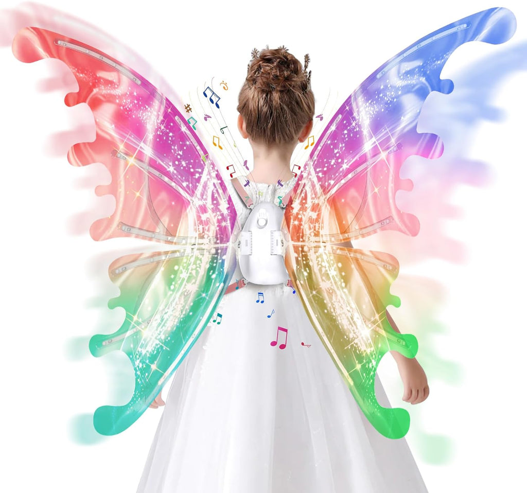 Hot clearance sale for electric light-up moving butterfly angel wings with music, hot-selling kids party costume accessory, limited stock, better price for bulk order.