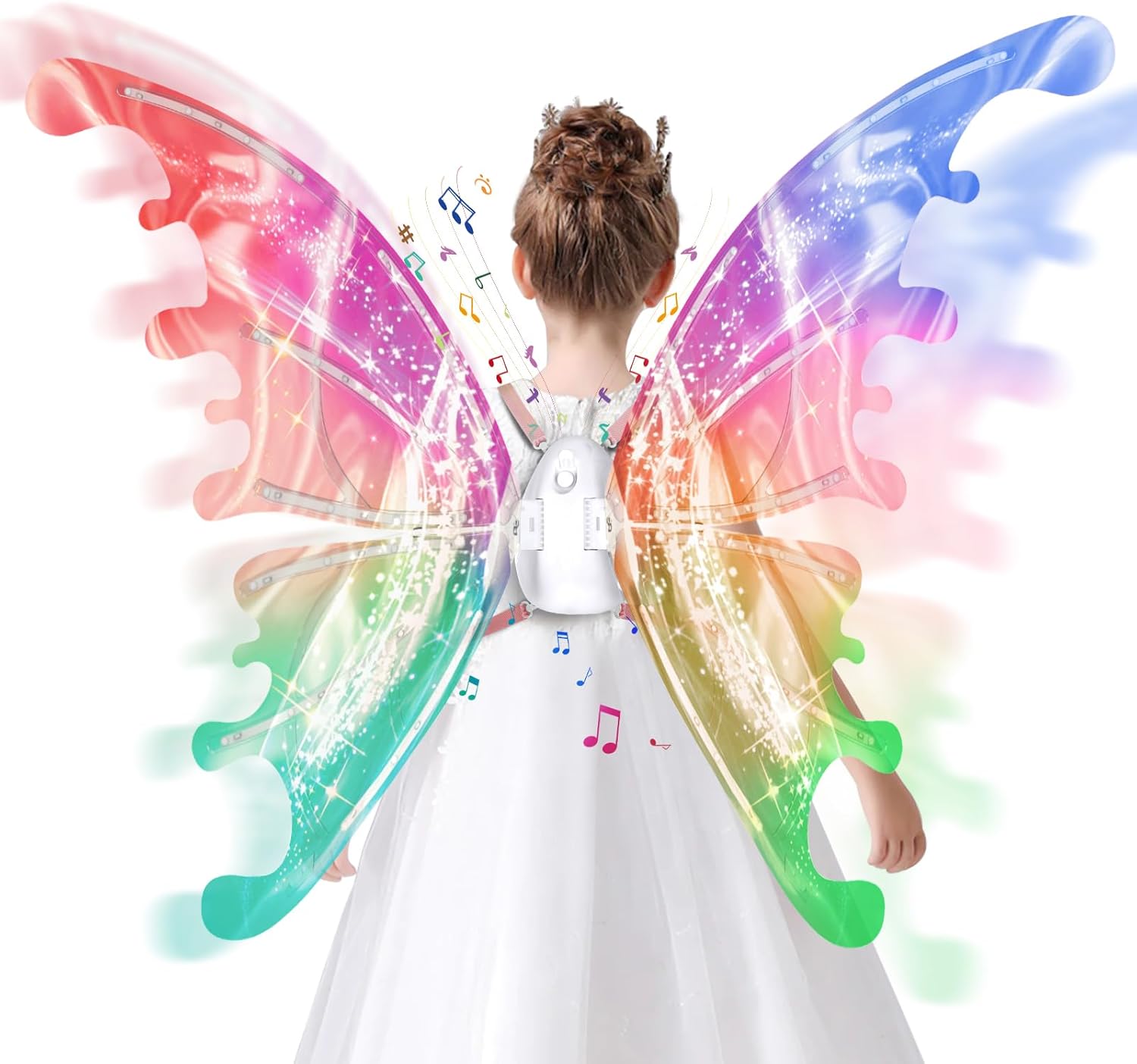 Hot clearance sale for electric light-up moving butterfly angel wings with music, hot-selling kids party costume accessory, limited stock, better price for bulk order.