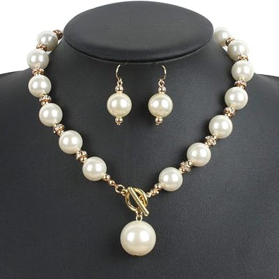 Large Faux Pearl Necklace Earring Jewelry Set Clearance, Classic Single Strand Pearl Pendant Choker, Elegant Bridal Wedding Formal Party Pearl Jewelry Set for Women