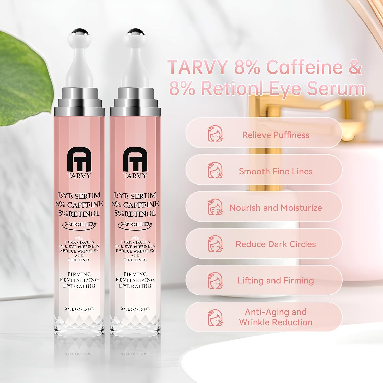 2500Pcs Clearance TARVY Caffeine Retinol Eye Serum with 360° Roller, Anti-Aging Eye Essence for Dark Circles Puffiness Wrinkles, Hydrating Firming Under Eye Cream 15ml