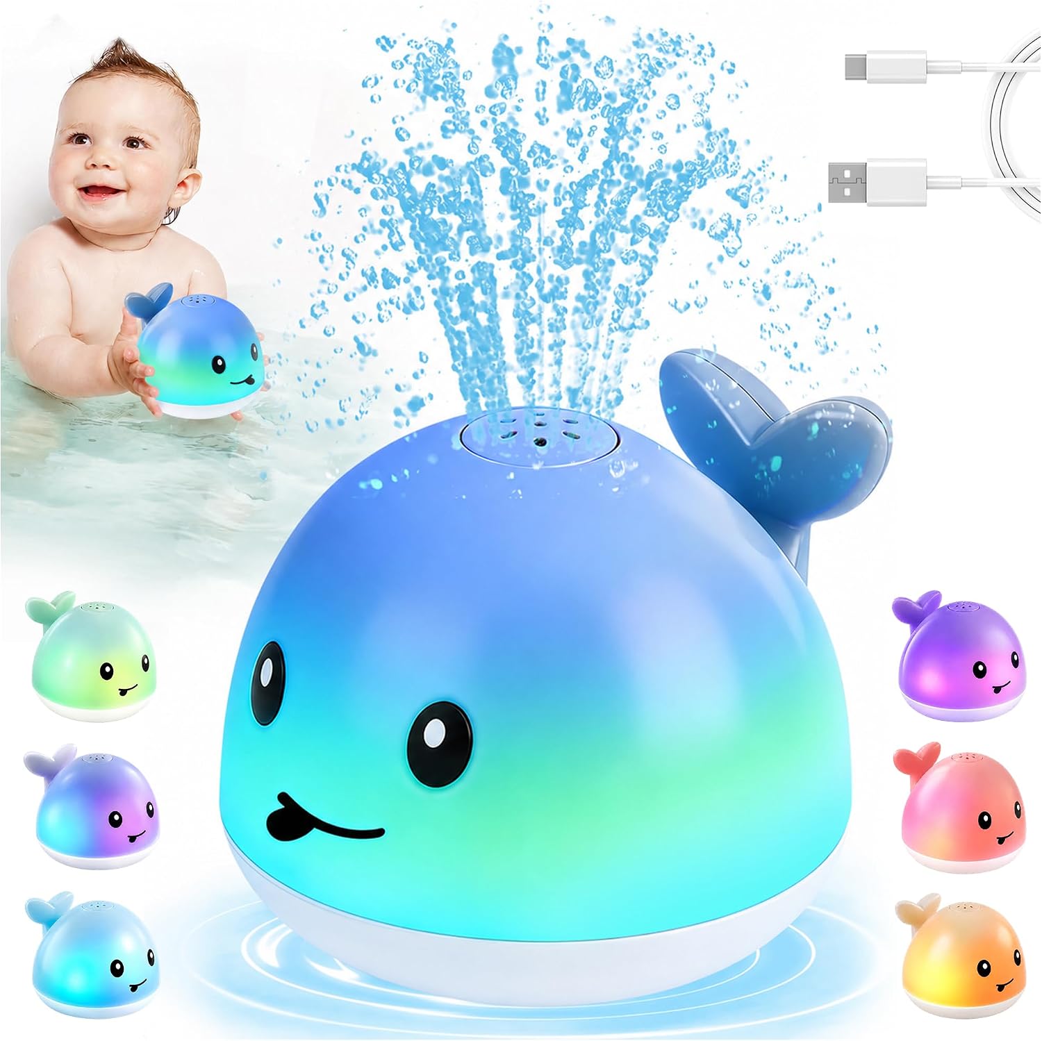 Whale Automatic Spray Bath Toy for Toddlers Clearance, RGB Color Changing Light Up Baby Shower Water Sprinkler Toy, Waterproof Kids Bathtub Light Show Play Toy