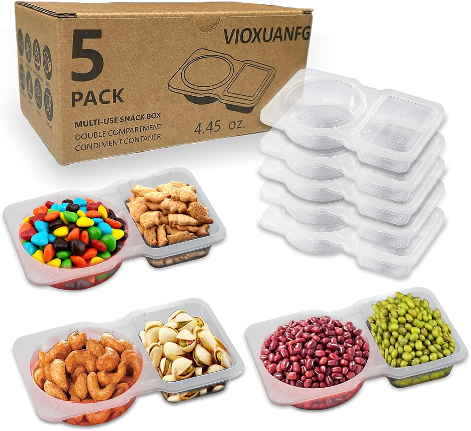 2 Compartment Snack Containers with Lids Clearance, 4.45oz Disposable Plastic Divided Condiment Cups, Dual Compartment Portion Tray for Nuts Candy Dip Travel Lunch Box, 5 Pack /14 Pack Optional