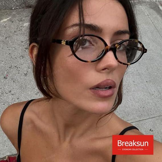 Breaksun Fashionable Elliptical Glasses for Women and Men. Retro Round Tortoise Shell Frame Blue Light Glasses,