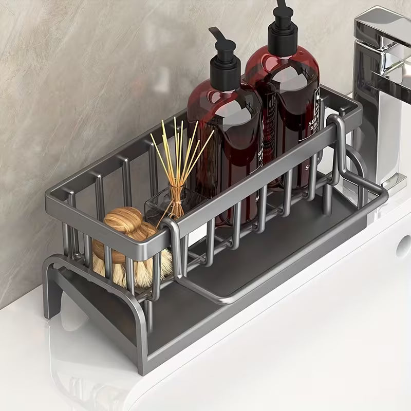 Gray Metal Sink Caddy Organizer with Drain Tray Clearance, Multi-Function Kitchen Sponge Brush Holder, Rustproof Countertop Dishwashing Accessory Storage Rack