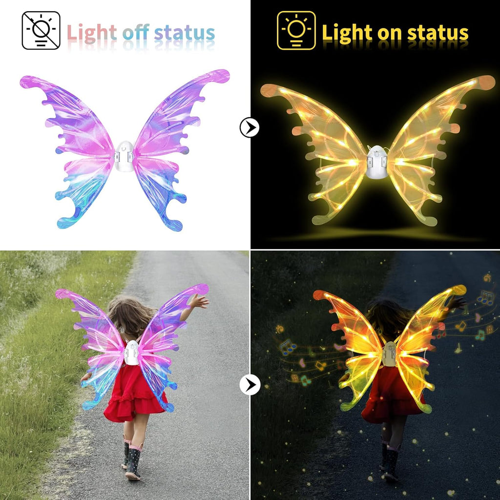 Hot clearance sale for electric light-up moving butterfly angel wings with music, hot-selling kids party costume accessory, limited stock, better price for bulk order.