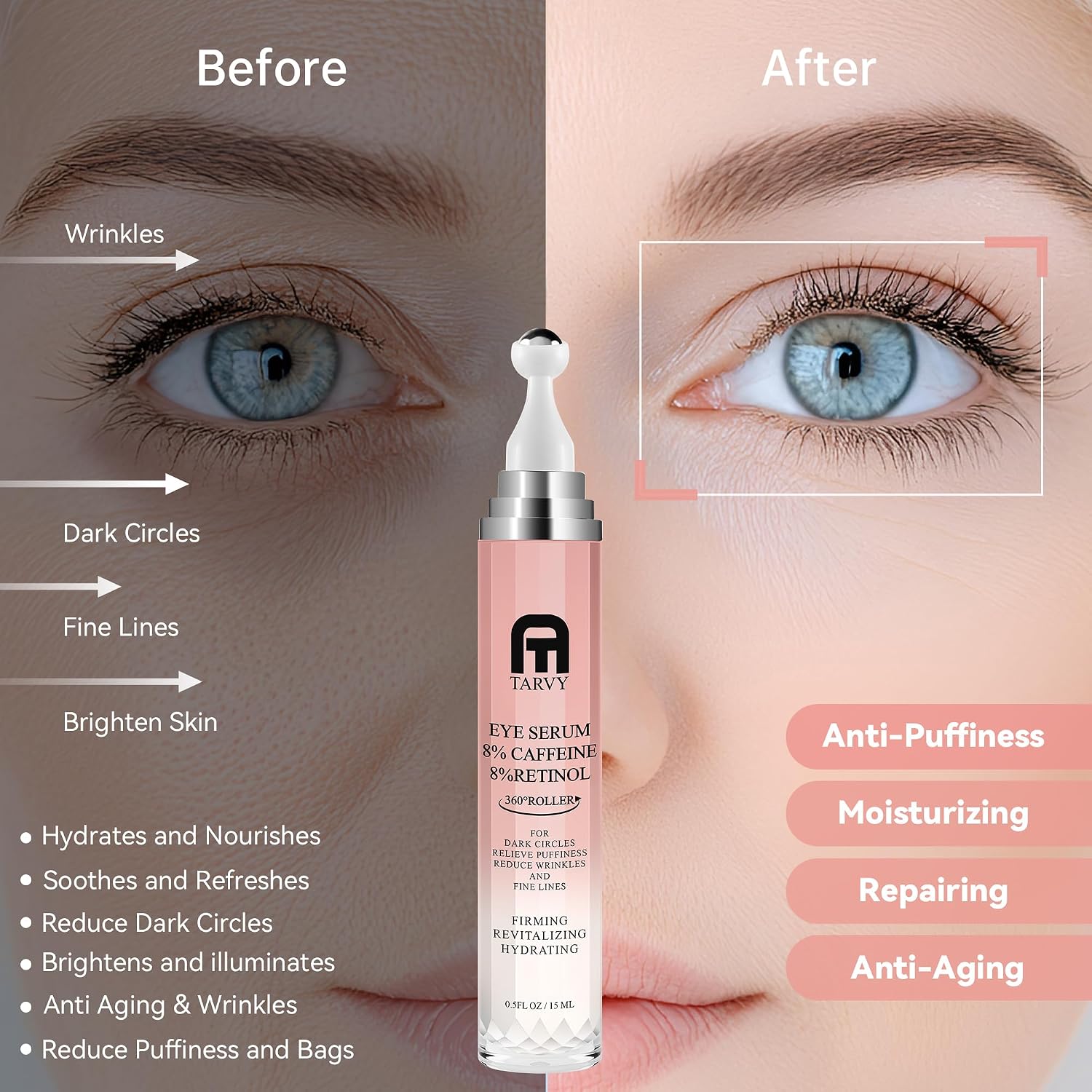 2500Pcs Clearance TARVY Caffeine Retinol Eye Serum with 360° Roller, Anti-Aging Eye Essence for Dark Circles Puffiness Wrinkles, Hydrating Firming Under Eye Cream 15ml