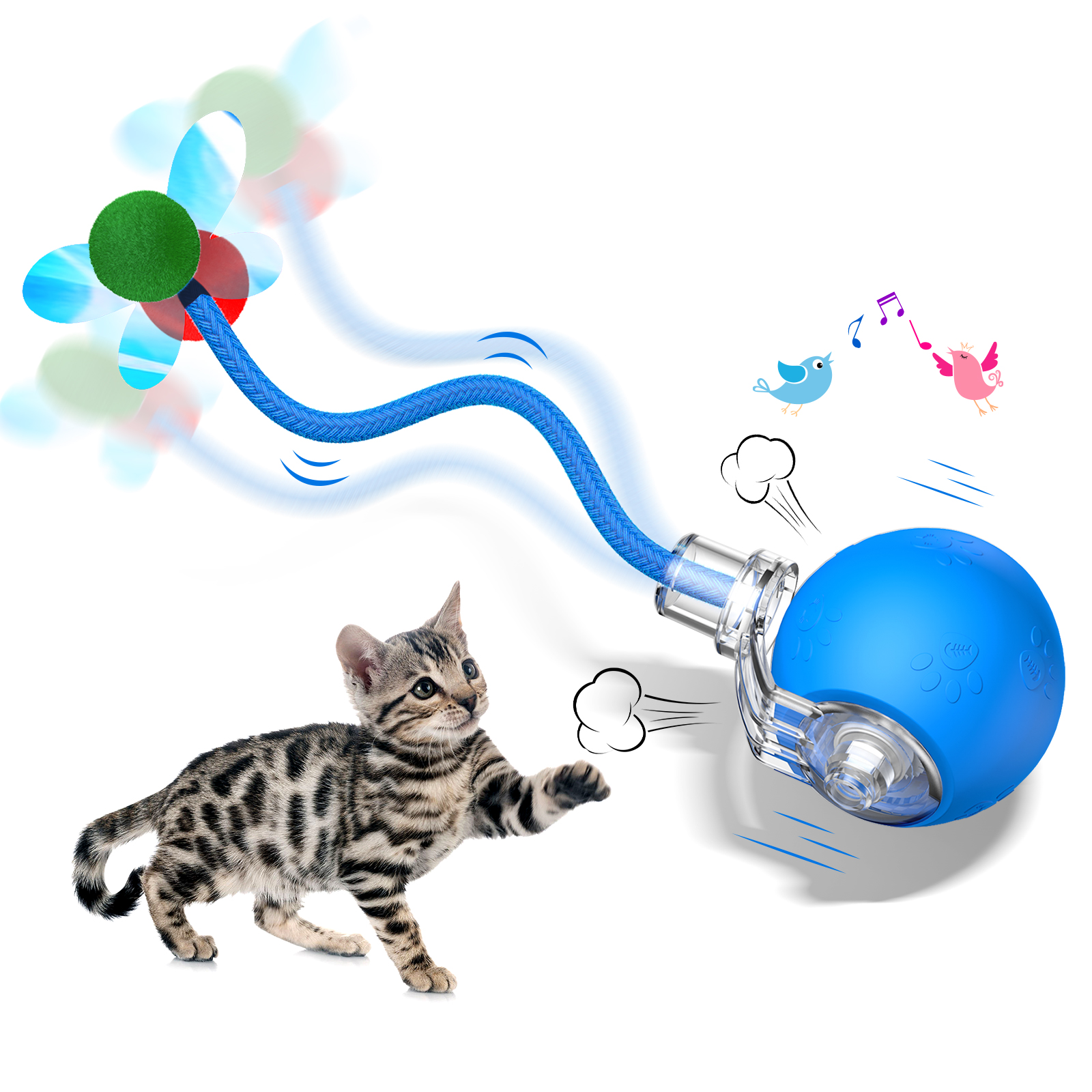 Interactive Cat Ball Toy, Automatic Moving Ball Toy for Indoor Cat Fast Rolling on Carpet, Chirping & Motion Activate Cat Toys, Cats Fun Gift with Light
