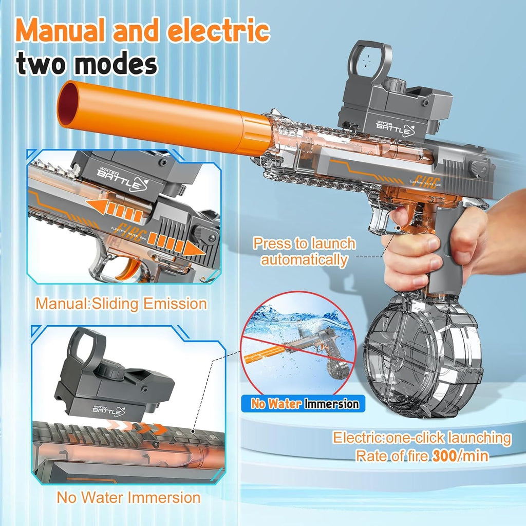 1253Pcs Clearance Transparent Desert Eagle Electric Water Gun, Manual & Automatic Dual Mode Squirt Gun, Rechargeable High Pressure Summer Pool Beach Toy