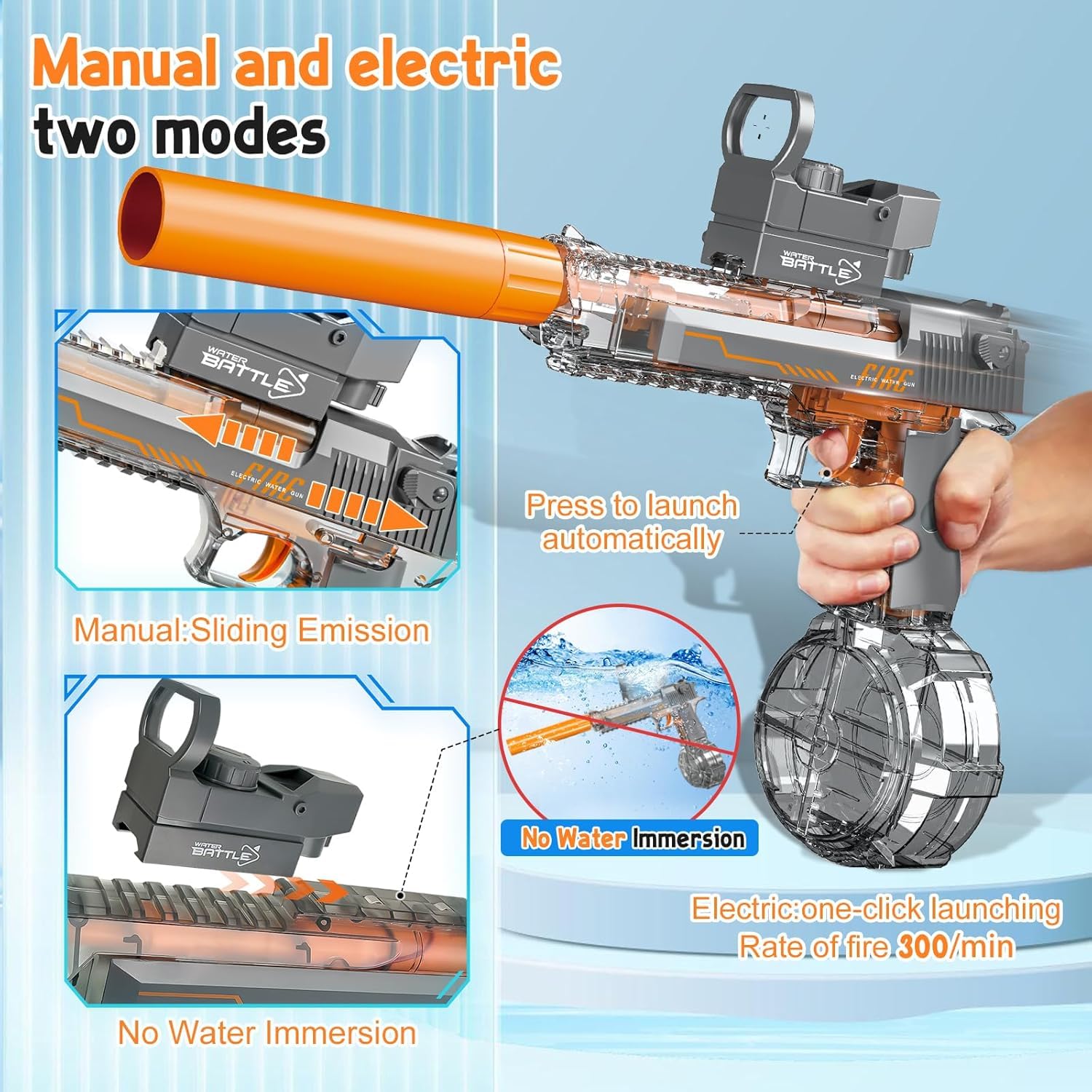 1253Pcs Clearance Transparent Desert Eagle Electric Water Gun, Manual & Automatic Dual Mode Squirt Gun, Rechargeable High Pressure Summer Pool Beach Toy