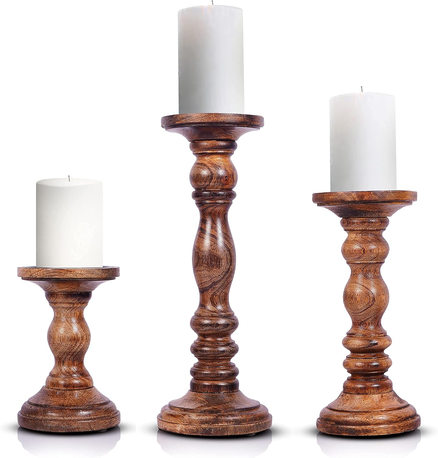Classic Turned Brown Wood Candlestick Holders 3 Size Complete Set Farmhouse Decor Clearance Stock 237 Wholesale