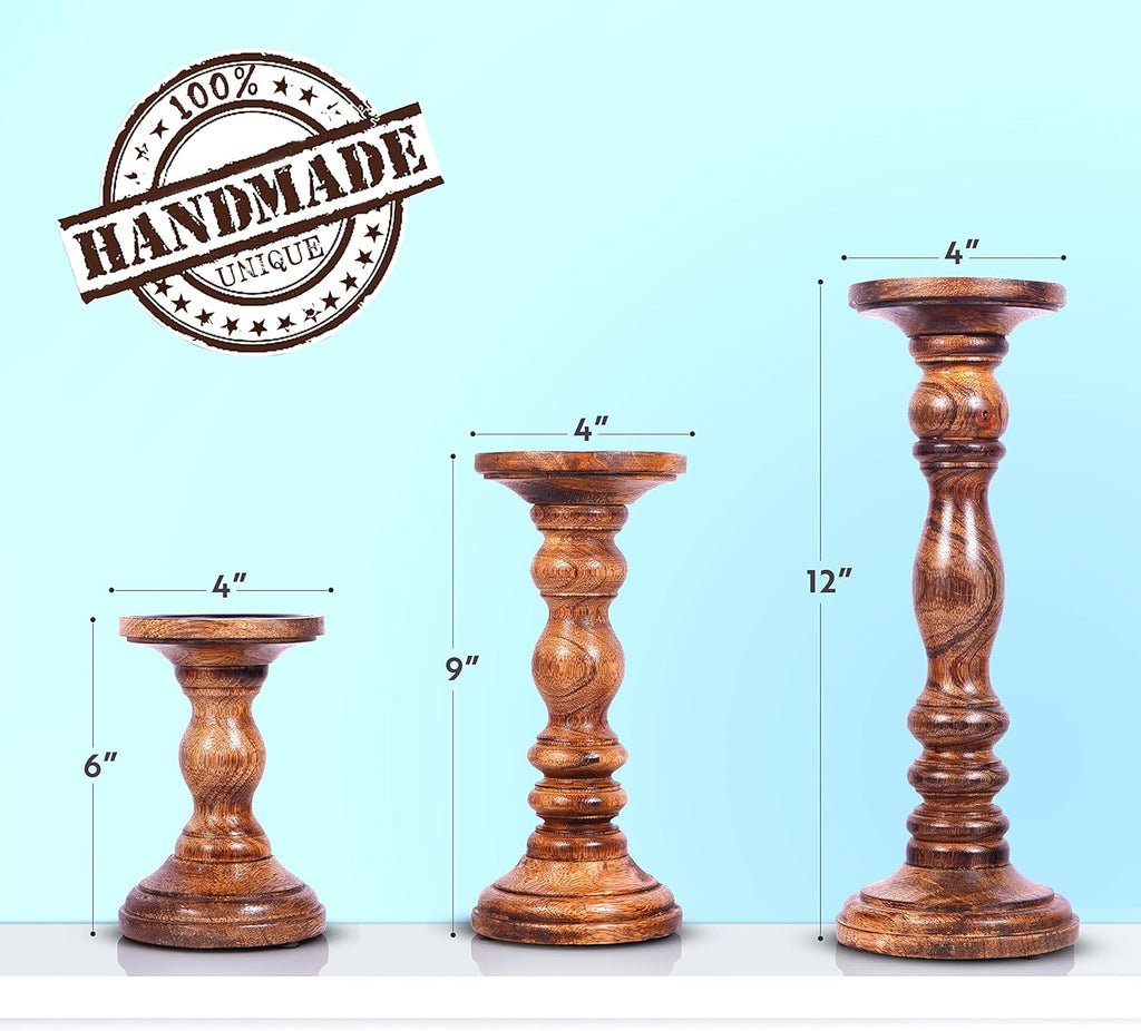 Classic Turned Brown Wood Candlestick Holders 3 Size Complete Set Farmhouse Decor Clearance Stock 237 Wholesale