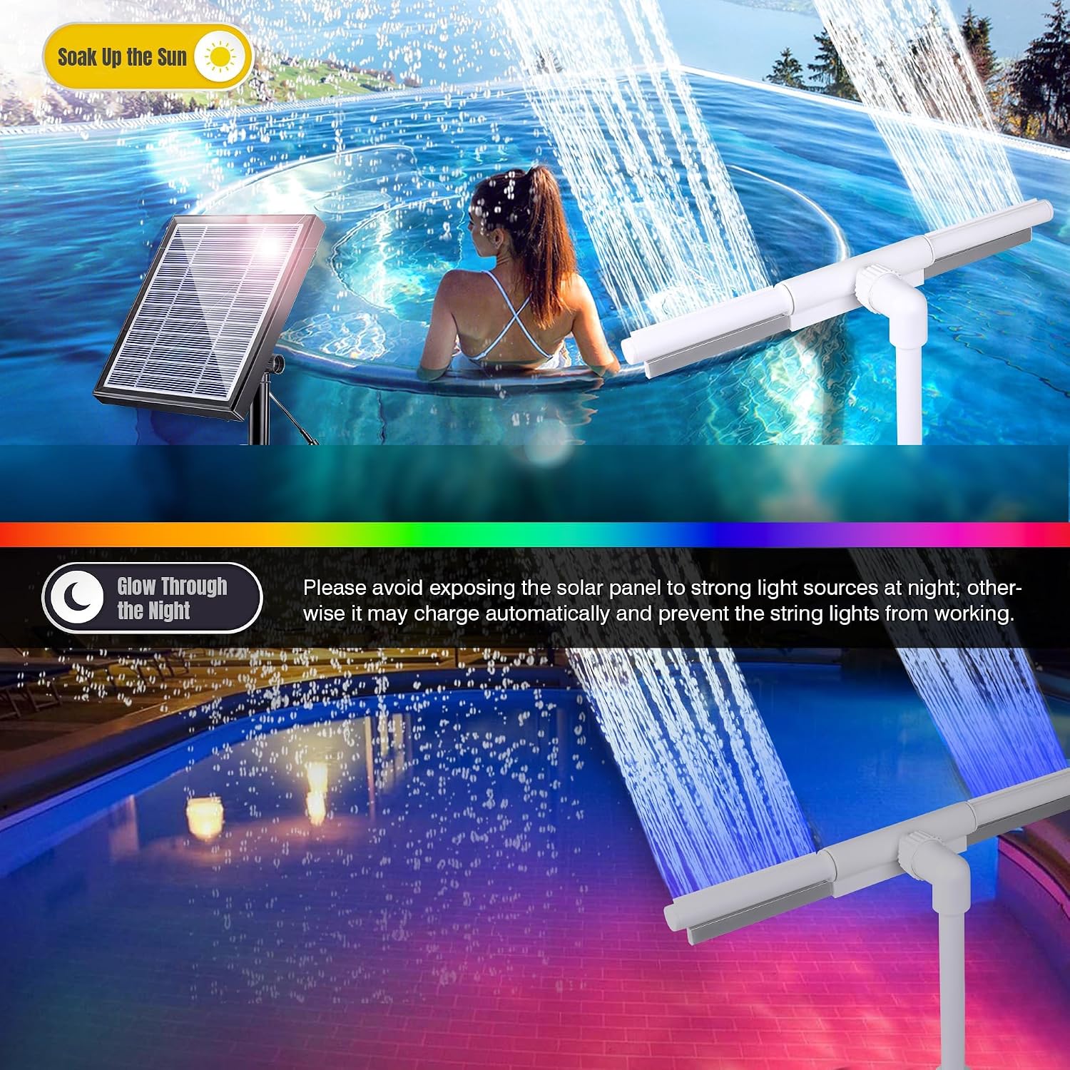 Solar RGB Pool Fountain for Above Ground & Inground Pools – Dual Spray Waterfall & 360° Adjustable Pool Sprinkler Fountain with 22 Color Modes,4H/6H Timer – Perfect for Backyard Fun & Spa Relaxation