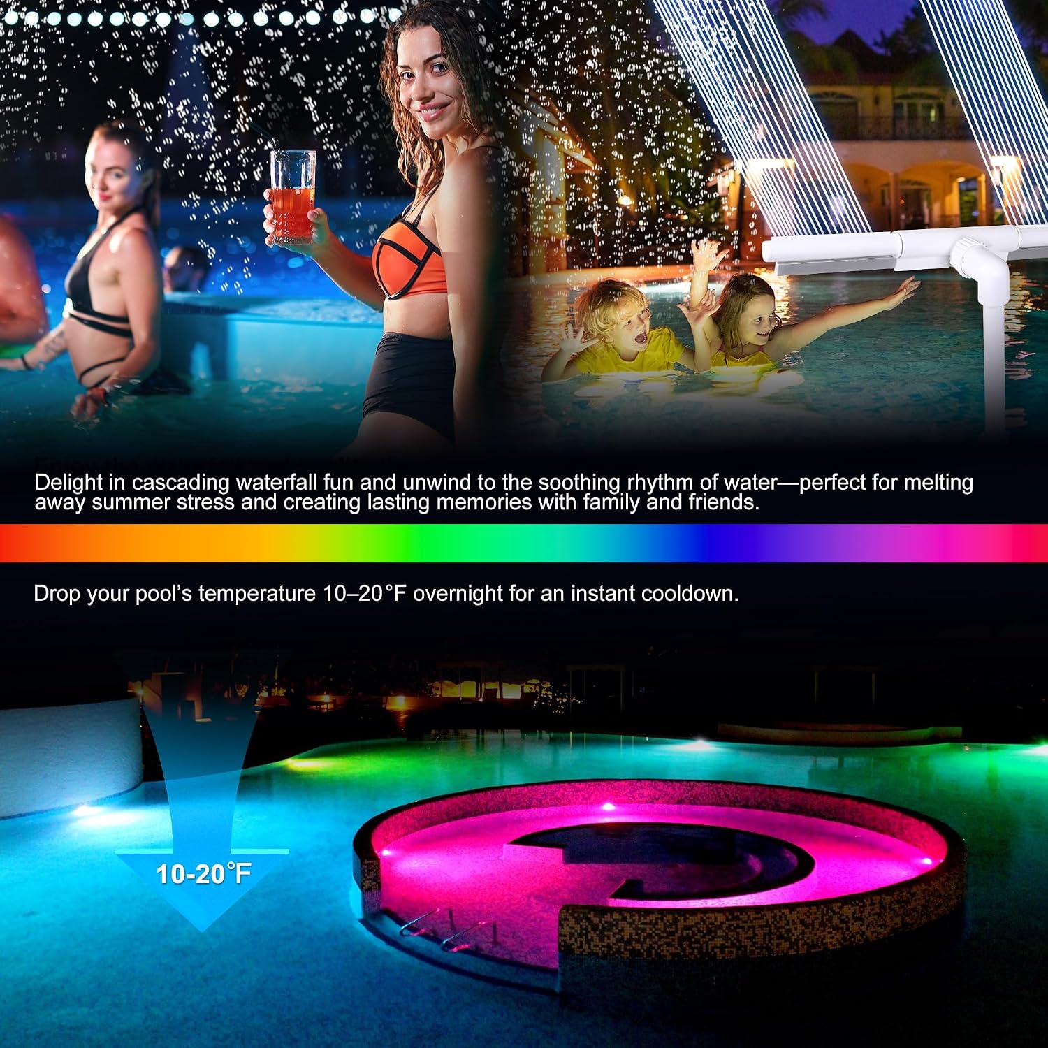 Solar RGB Pool Fountain for Above Ground & Inground Pools – Dual Spray Waterfall & 360° Adjustable Pool Sprinkler Fountain with 22 Color Modes,4H/6H Timer – Perfect for Backyard Fun & Spa Relaxation