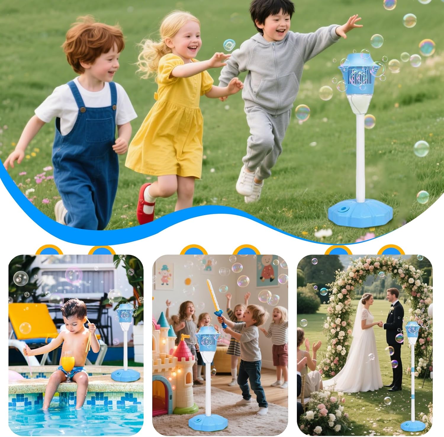 Adjustable Standing Bubble Torch Machine for Kids Clearance, Automatic Outdoor Bubble Blower with LED Light & Music, Large Volume Lawn Bubble Maker for Backyard Party Wedding