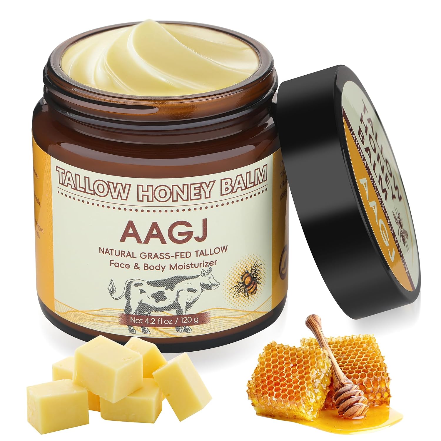 Clearance AAGJ Tallow Honey Balm, Grass-Fed Beef Tallow & Raw Honey Face Body Moisturizer, Natural Organic Skin Repair Cream 120g
