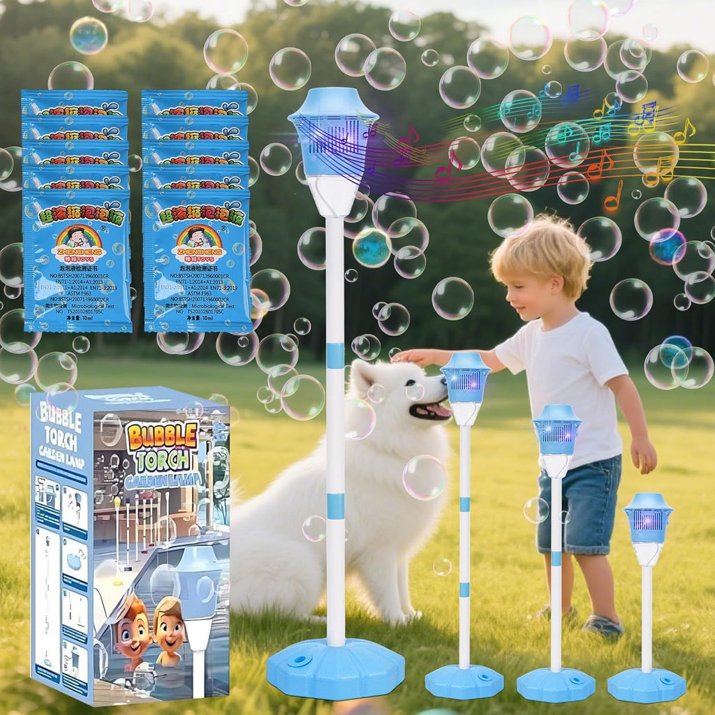 Adjustable Standing Bubble Torch Machine for Kids Clearance, Automatic Outdoor Bubble Blower with LED Light & Music, Large Volume Lawn Bubble Maker for Backyard Party Wedding