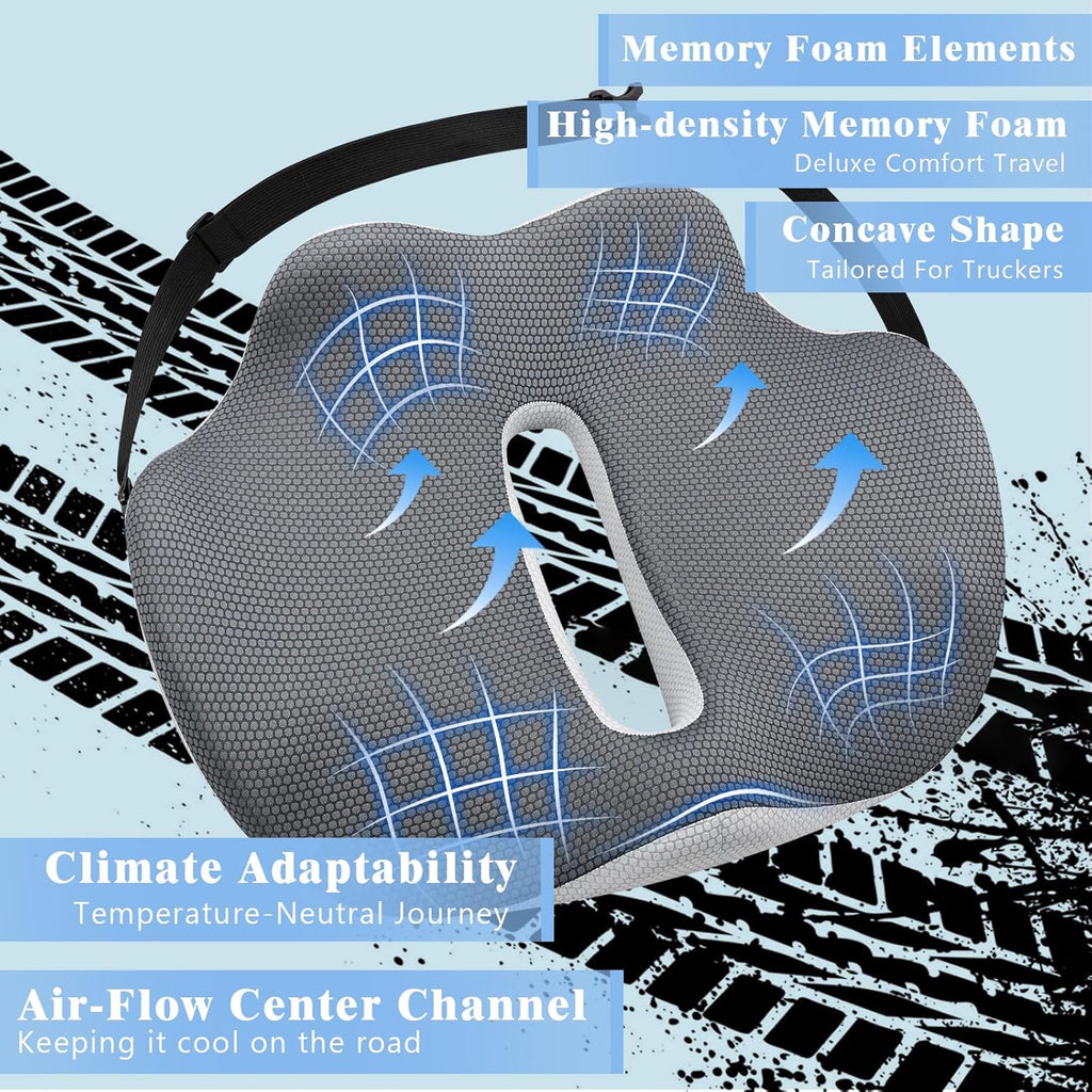 Truck Driver Memory Foam Seat Cushion Clearance, Orthopedic Coccyx Cutout Cushion, Non-Slip Breathable Pain Relief Pad for Semi Truck Seats