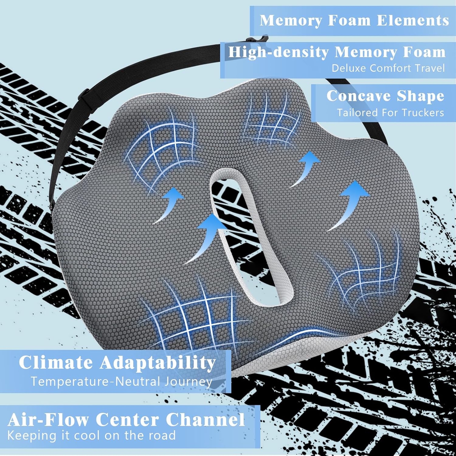Truck Driver Memory Foam Seat Cushion Clearance, Orthopedic Coccyx Cutout Cushion, Non-Slip Breathable Pain Relief Pad for Semi Truck Seats