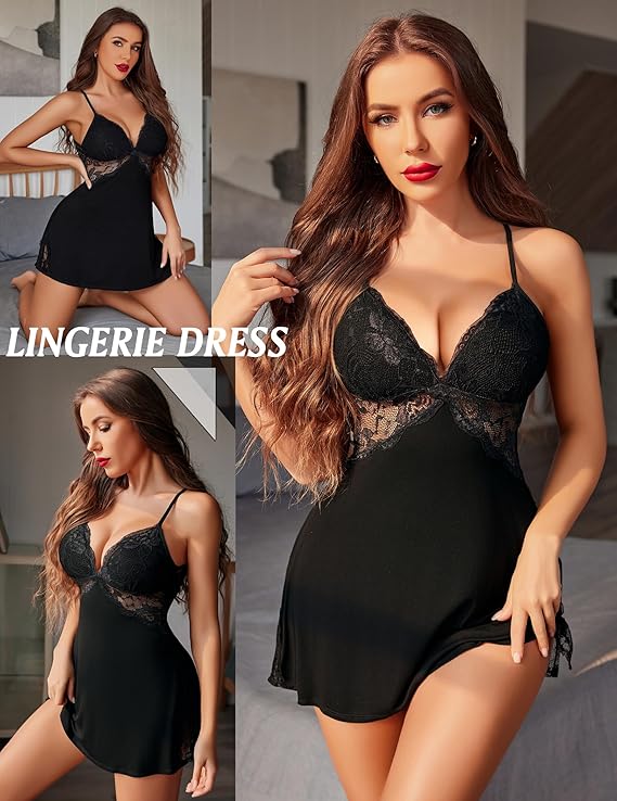 Mixed Colors & Full Sizes Surplus 932 Lace Mesh Inset Mini Cami Nightgown, V Neck Side Split Ladies Lingerie Bulk Clearance