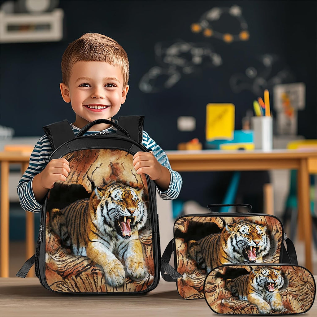 Wild Animal Tiger Print 3-in-1 School Bag Combo With Shoulder Lunch Box & Pencil Bag, Mixed Styles Overstock 511 Sets For Resale