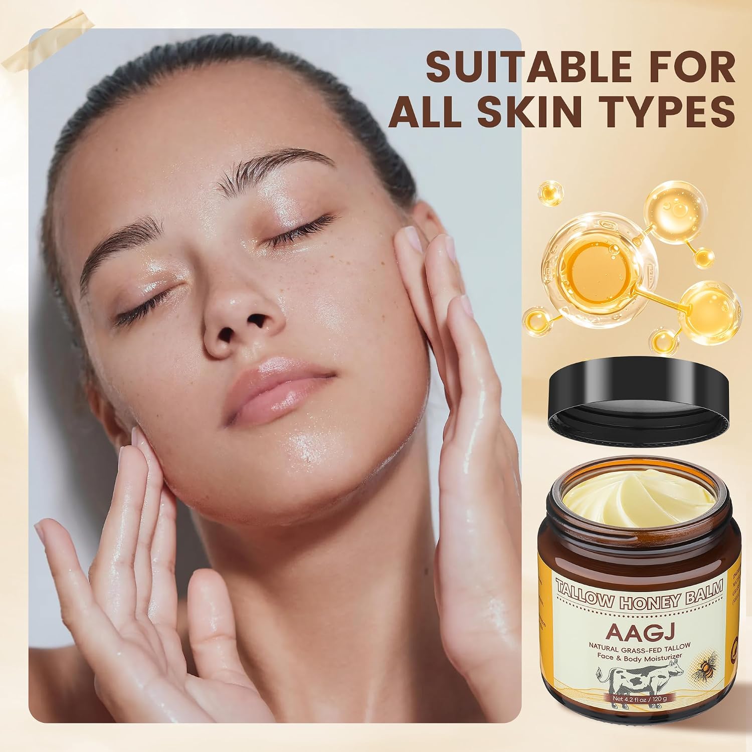 Clearance AAGJ Tallow Honey Balm, Grass-Fed Beef Tallow & Raw Honey Face Body Moisturizer, Natural Organic Skin Repair Cream 120g