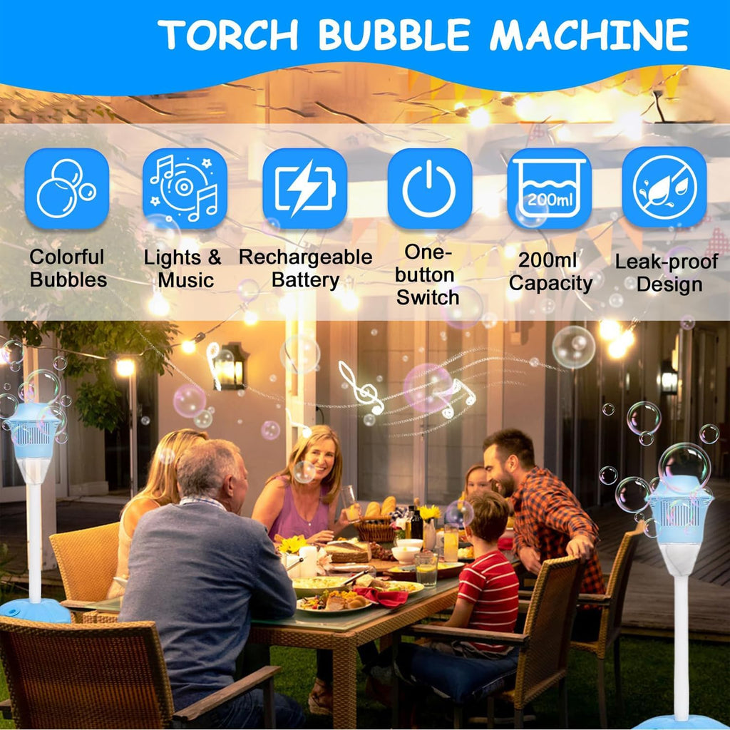 Adjustable Standing Bubble Torch Machine for Kids Clearance, Automatic Outdoor Bubble Blower with LED Light & Music, Large Volume Lawn Bubble Maker for Backyard Party Wedding