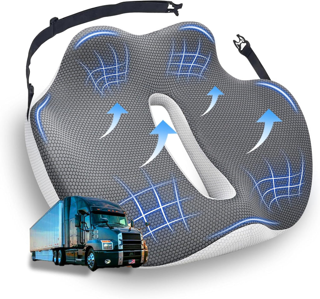 Truck Driver Memory Foam Seat Cushion Clearance, Orthopedic Coccyx Cutout Cushion, Non-Slip Breathable Pain Relief Pad for Semi Truck Seats
