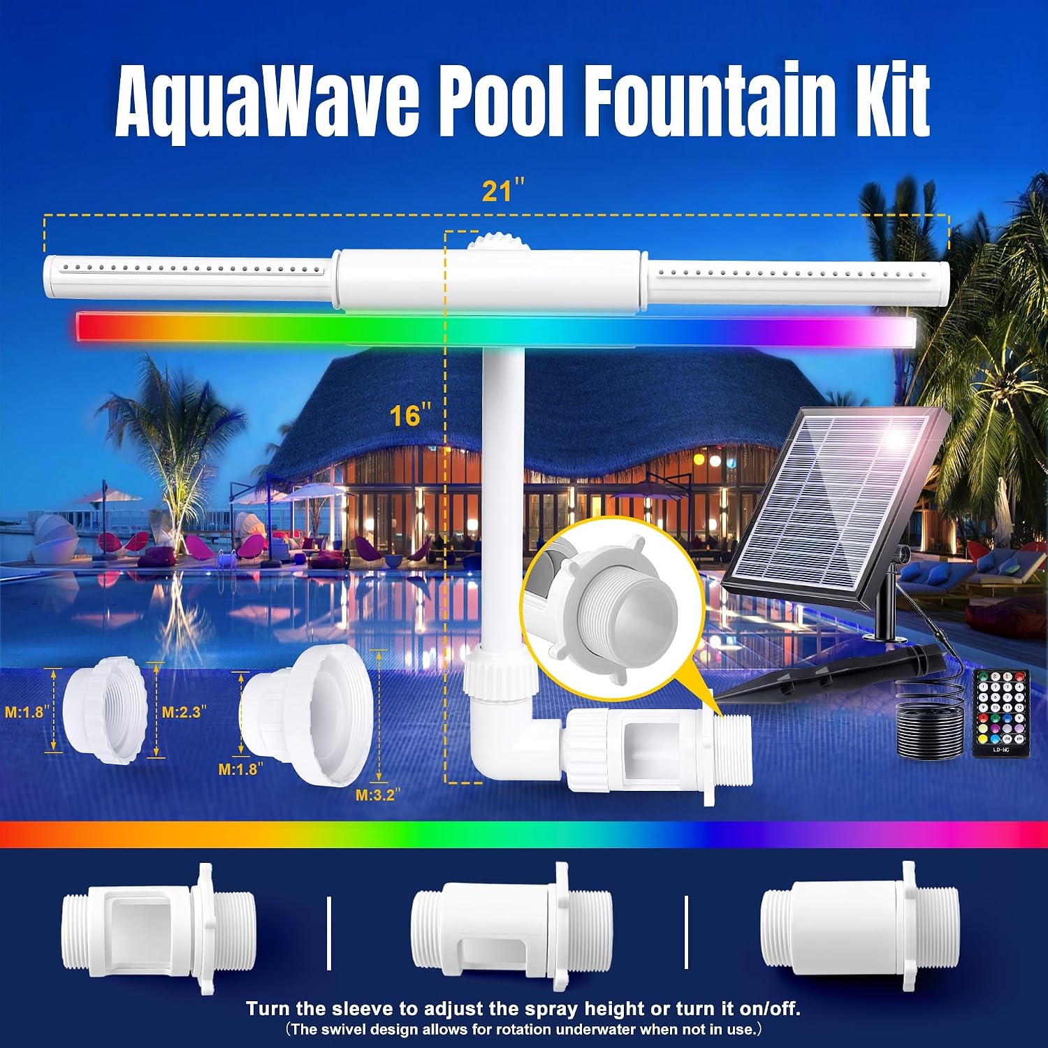Solar RGB Pool Fountain for Above Ground & Inground Pools – Dual Spray Waterfall & 360° Adjustable Pool Sprinkler Fountain with 22 Color Modes,4H/6H Timer – Perfect for Backyard Fun & Spa Relaxation