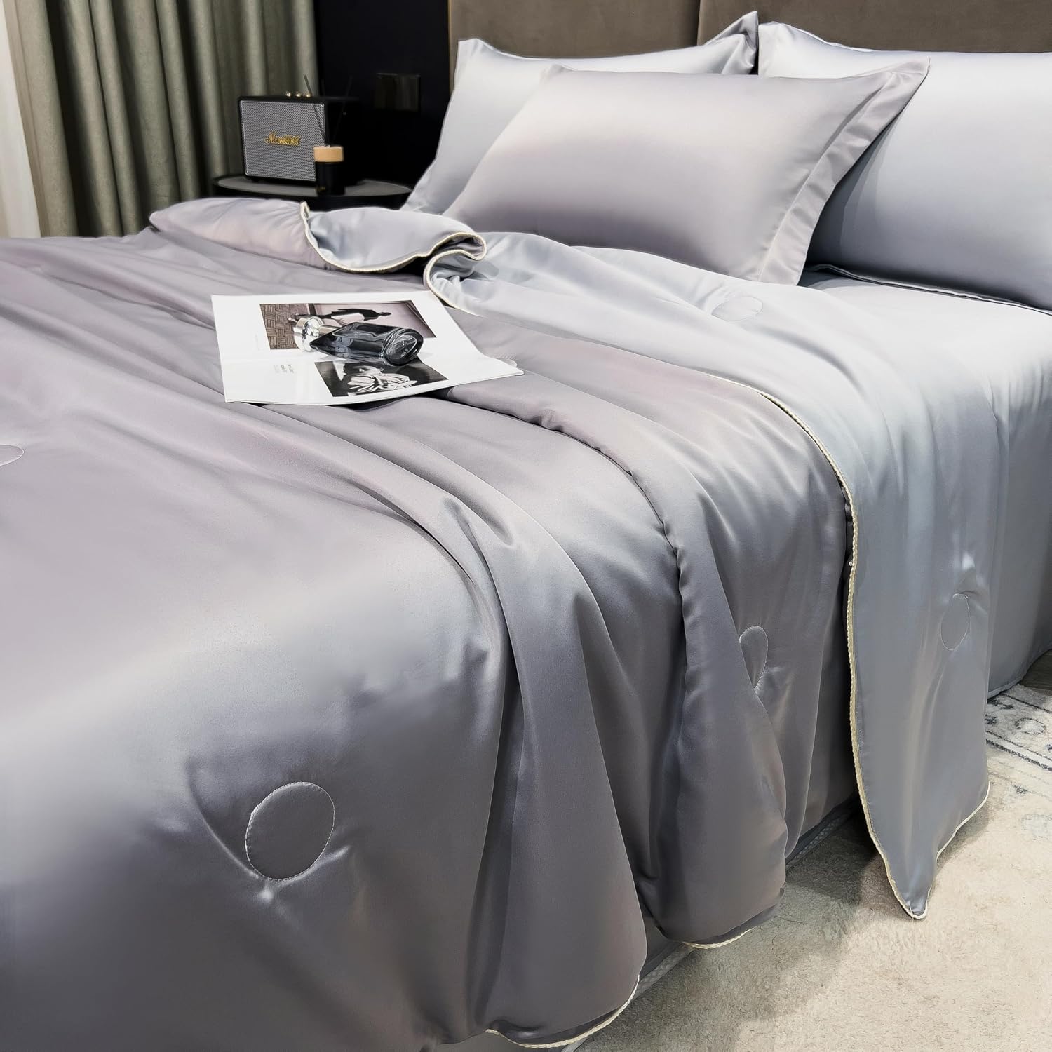 Silky Washed Silk Thin Quilt 3 Piece Bedding Set, 513pcs Solid Cream Air Condition Quilt Kit Clearance